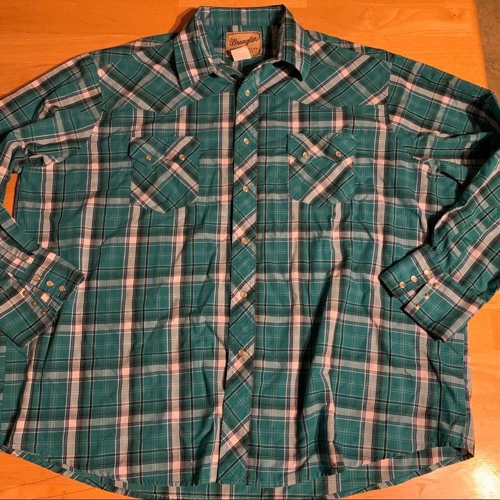 Wrangler XXL L/S Blue Green Plaid Western Shirt